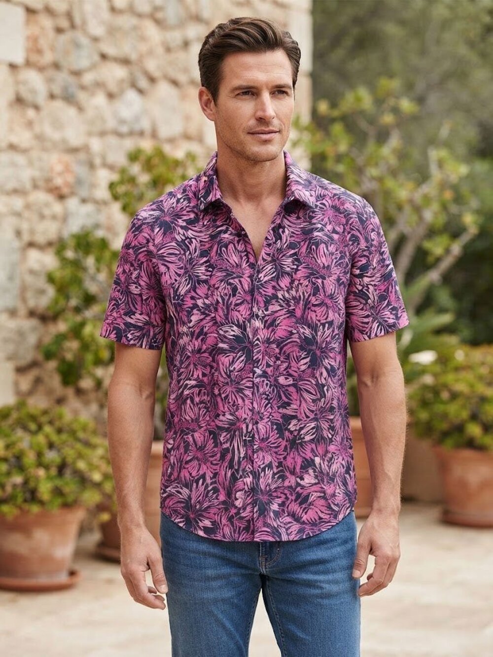 Hugo Boss  Pink Floral Ermino Short Sleeve Shirt